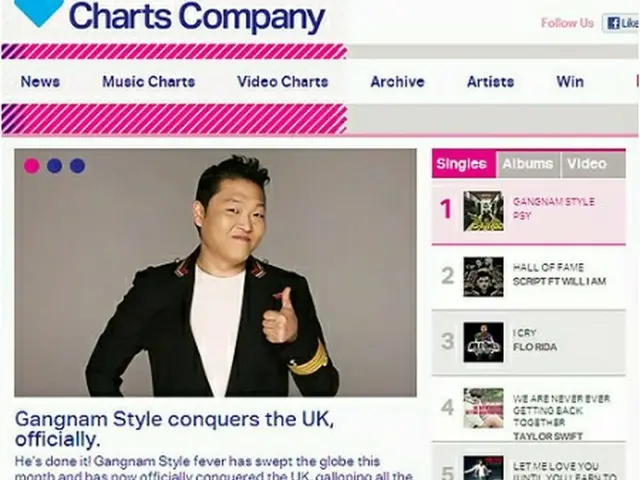 全英シングルチャートで首位を獲得したPSY。オフィシャル・チャートのホームページ＝1日、ソウル（聯合ニュース）