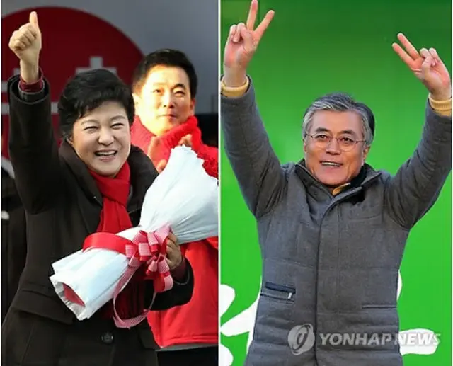 有権者らに支持を訴える朴槿恵氏（左）と文在寅氏＝（聯合ニュース）