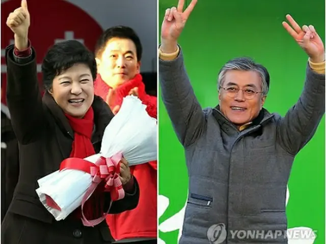 有権者らに支持を訴える朴槿恵氏（左）と文在寅氏＝（聯合ニュース）