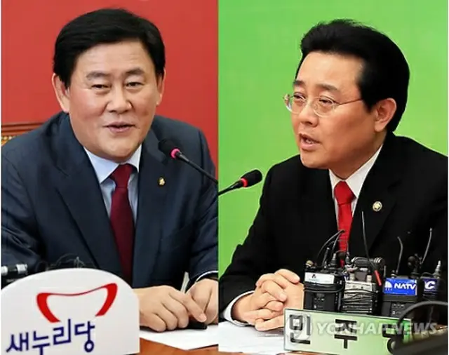セヌリ党の院内代表に選出された崔ギョン煥氏（左）と民主党院内代表の田炳憲氏＝15日、ソウル（聯合ニュース）