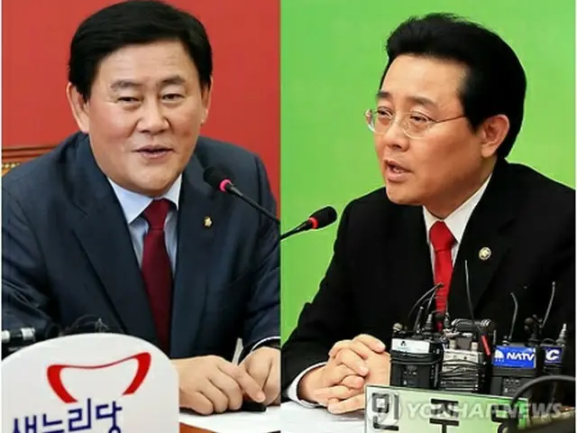 セヌリ党の院内代表に選出された崔ギョン煥氏（左）と民主党院内代表の田炳憲氏＝15日、ソウル（聯合ニュース）