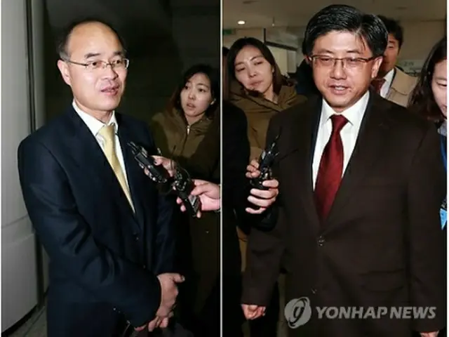 判決後、記者団の質問に答えるサムスン側の代理人（左）とアップル側代理人＝１２日、ソウル（聯合ニュース）
