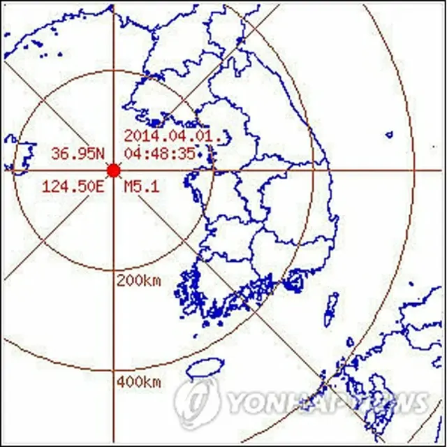 忠清南道泰安郡の西格列飛島の北西100キロでマグニチュード5．1の地震が発生した（気象庁提供）＝（聯合ニュース）