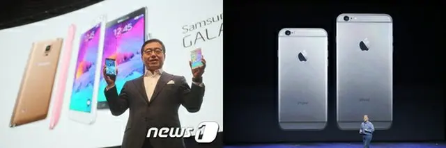 サムスン電子GALAXY Note 4（左）とApple のiPhone 6、iPhone 6 Plus（提供:News1）