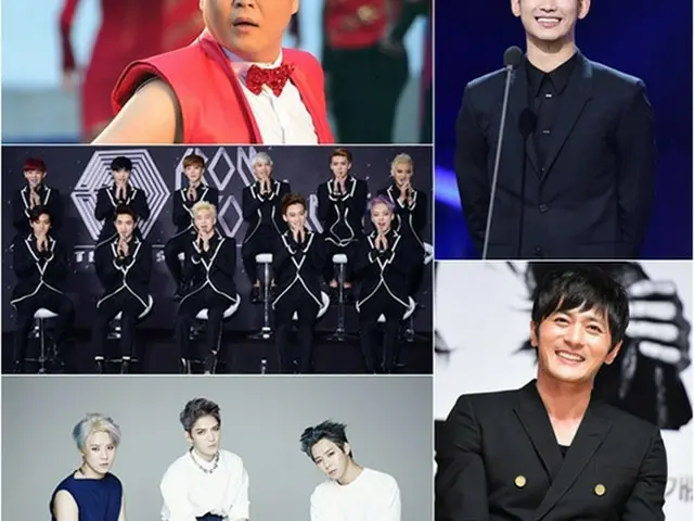 （右側より時計回り）キム・スヒョン、チャン・ドンゴン、「JYJ」、「EXO」、PSY（提供:OSEN）