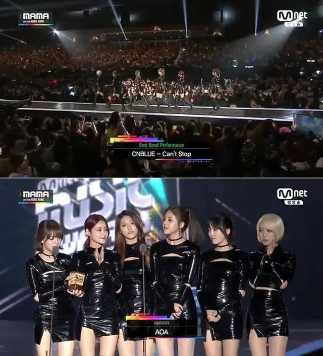 人気バンドグループ「CNBLUE」は3日、Mnetの年末授賞式「2014 MAMA」でベストバンドパフォーマンス賞の栄光に輝いたが日本でのアリーナツアー中で不参加のため、後輩「AOA」が代理受賞した。（提供:OSEN）