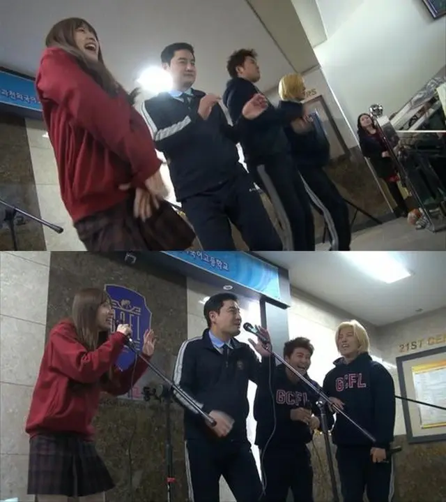 韓国バラエティ番組「学校に行ってきます」に出演中のKangNam（M.I.B）、チョン・ヒョンム、カン・ヨンソクがガールズグループ「EXID」ハニとチームを結成し、「上下ダンス」を披露した。（提供:OSEN）