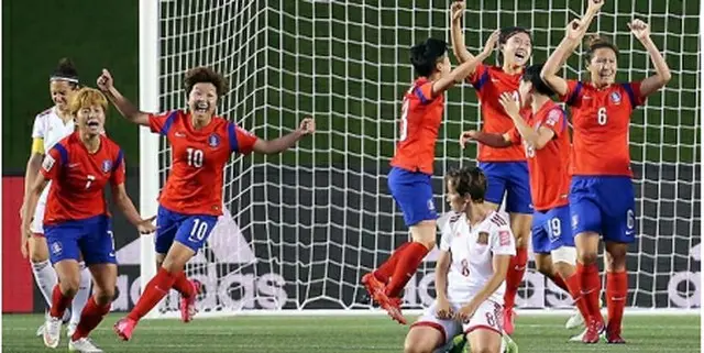 決勝トーナメント進出を決め、喜ぶ選手ら＝１８日、オタワ（聯合ニュース）