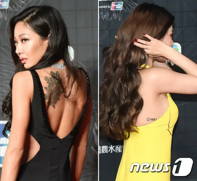 2日に放送された「2015 Mnet Asian Music Awards（MAMA）」のレッドカーペットにおいて、韓国歌手Jessi（26）とガールズグループ「4Minute」のヒョナ（23）のTATOOに視線が集まった。（提供:news1）