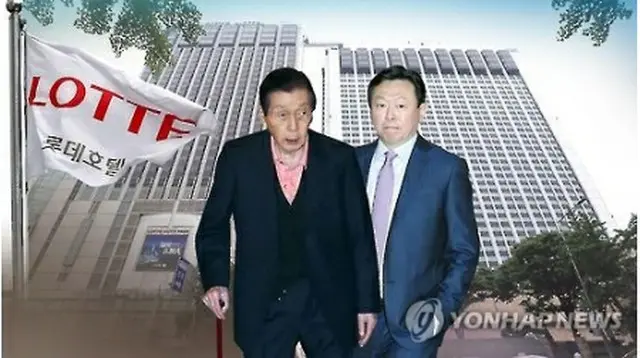 辛格浩氏（左）と辛東彬氏＝（聯合ニュースＴＶ）