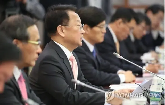 経済関係閣僚会議で発言する柳氏＝１４日、ソウル（聯合ニュース）