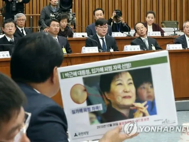 野党議員が提出した朴大統領の美容施術が疑われる写真＝１４日、ソウル（聯合ニュース）