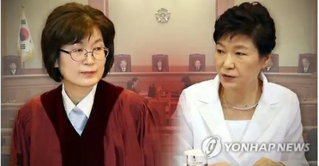 罷免の是非が決まる朴大統領（右）。左は憲法裁所長の権限代行を務める李貞美裁判官＝（聯合ニュース）