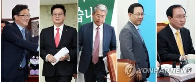 与野党５党の院内代表、左から禹元植氏、鄭宇沢氏、金東チョル氏、朱豪英氏、魯会燦氏＝１９日、ソウル（聯合ニュース）