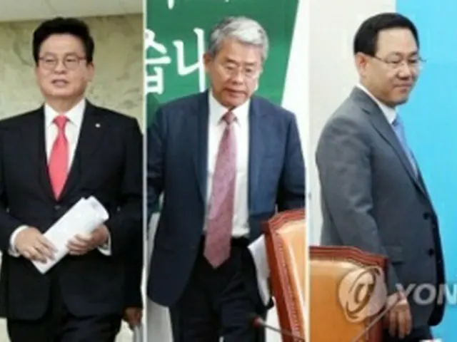 与野党５党の院内代表、左から禹元植氏、鄭宇沢氏、金東チョル氏、朱豪英氏、魯会燦氏＝１９日、ソウル（聯合ニュース）