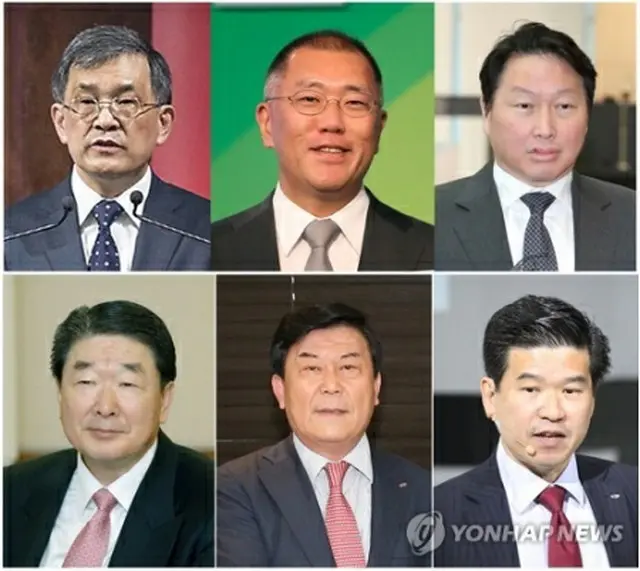 文大統領の訪米に同行する経済人団。上段左から権五鉉サムスン電子副会長、鄭義宣・現代自動車副会長、崔泰源ＳＫグループ会長、下段左から具本俊ＬＧ電子副会長、朴成沢サンハ会長兼中小企業中央会長、ジェームス・キム韓国ＧＭ社長兼在韓米国商工会議所会長