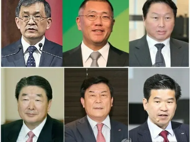 文大統領の訪米に同行する経済人団。上段左から権五鉉サムスン電子副会長、鄭義宣・現代自動車副会長、崔泰源ＳＫグループ会長、下段左から具本俊ＬＧ電子副会長、朴成沢サンハ会長兼中小企業中央会長、ジェームス・キム韓国ＧＭ社長兼在韓米国商工会議所会長