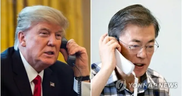 文大統領（右）が７日午前、トランプ大統領（左）と電話会談した（青瓦台提供）＝７日、ソウル（聯合ニュース）