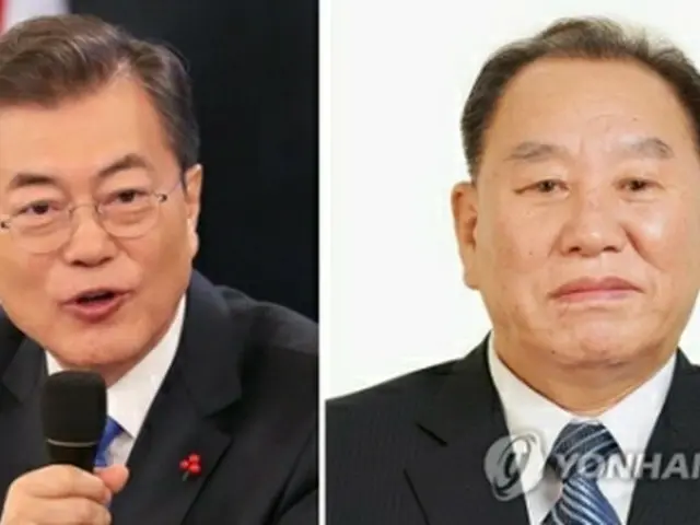 文大統領(左)と金英哲・党副委員長=(朝鮮中央通信=聯合ニュース)