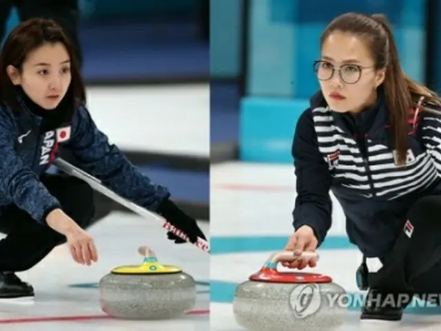江陵カーリングセンターで練習を行うキム・ウンジョン（右）と藤沢五月＝２２日、江陵（聯合ニュース）