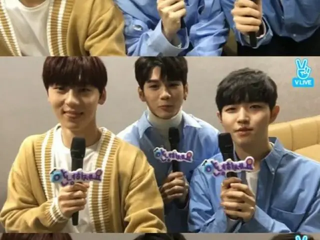 11日午後、NAVER Vライブを通じて「アンニョンハセヨ×Wanna One収録現場ライブ」を行った「Wanna One」のファン・ミンヒョン、オン・ソンウ、キム・ジェファン。（提供:OSEN）