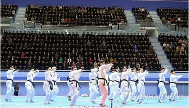 技を披露する韓国のテコンドー演武団＝１日、平壌（聯合ニュース）