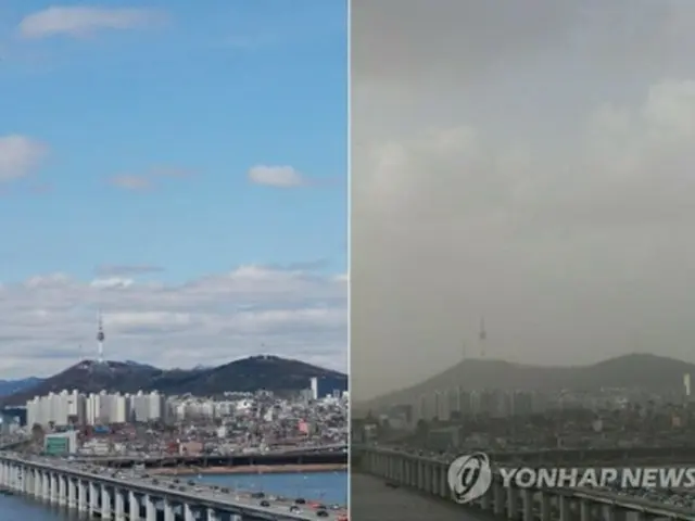 ４日午後のソウル市内（左）と警報が発令された６日午後のソウル市内の様子＝（聯合ニュース）