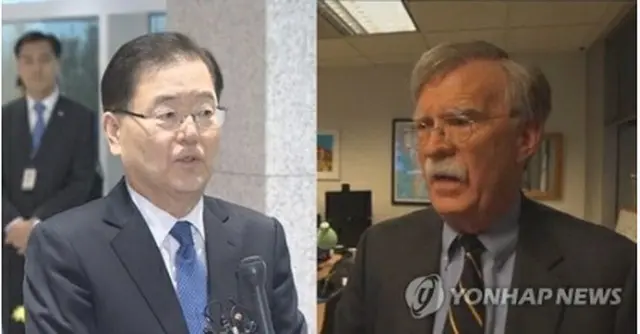鄭氏（左）とボルトン氏（聯合ニュースＴＶ提供）＝（聯合ニュース）