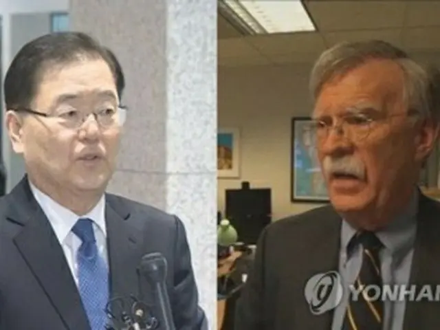 鄭氏（左）とボルトン氏（聯合ニュースＴＶ提供）＝（聯合ニュース）