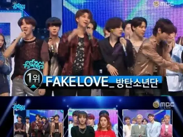 「ショー音楽中心」では、「防弾少年団」の「FAKE LOVE」が「赤頬思春期」と「SHINee」を抑えて3週連続で1位のトロフィーを手にした。（提供:OSEN)