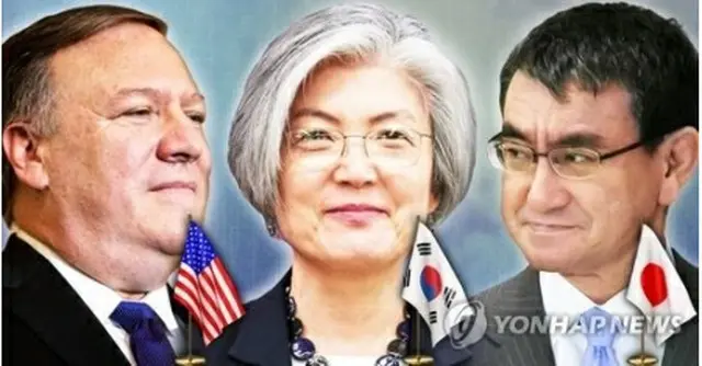 左からポンペオ氏、康氏、河野氏（コラージュ）＝（聯合ニュース）