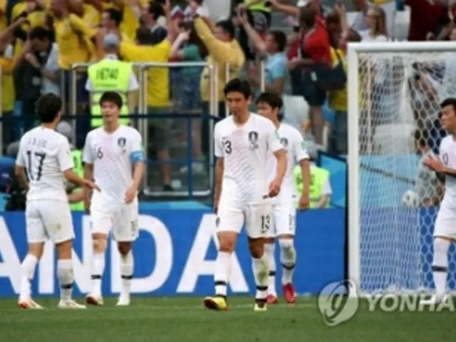 先制ゴールを奪われ、悔しがる韓国代表＝１８日、ニジニ・ノブゴロド（聯合ニュース）