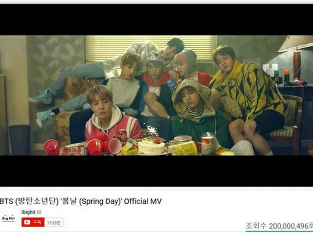 韓国ボーイズグループ「防弾少年団」の「Spring Day」MVが再生回数2億回を突破した。(提供:OSEN)