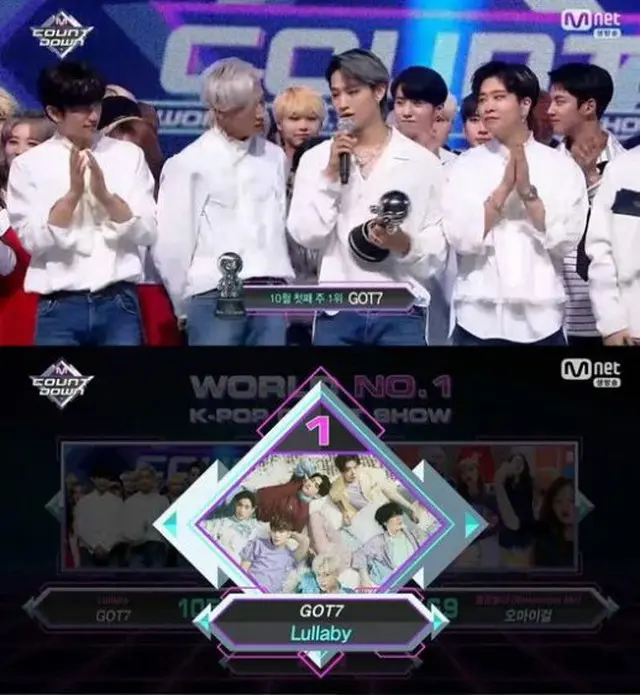 人気アイドルグループ「GOT7」が、「M COUNTDOWN」で1位のトロフィーを抱いた。（提供:OSEN)