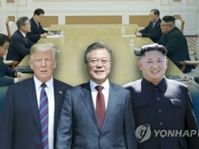 左からトランプ大統領、文大統領、金委員長＝（聯合ニュースTV）