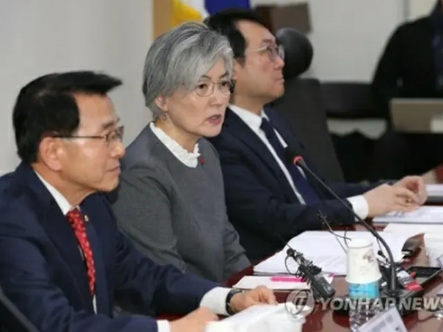共に民主党・朝鮮半島非核化対策特別委員会の会合に出席した康長官（中央）＝11日、ソウル（聯合ニュース）