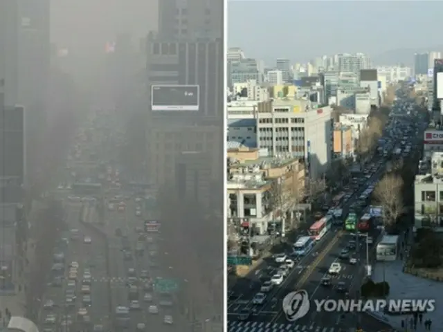 白くかすんだ１５日午前のソウル市内の様子（左）と同日午後の様子＝１５日、ソウル（聯合ニュース）