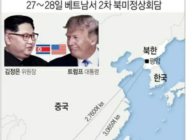 金委員長（上部左）とトランプ大統領（同右、コラージュ）が２７～２８にベトナムで首脳会談を行う。開催地として中部のリゾート地ダナン、北朝鮮大使館のある首都ハノイが取り沙汰されている＝（聯合ニュース）
