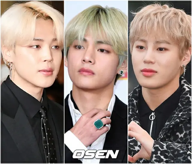 韓国ボーイズグループ個人ブランド評判2019年3月のビッグデータ分析結果、1位がJIMIN（防弾少年団/左）、2位がV（防弾少年団/中央）、3位がハ・ソンウン（HOTSHOT/右）となった。（提供:OSEN）