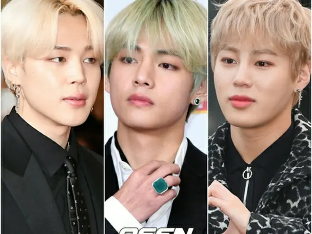 韓国ボーイズグループ個人ブランド評判2019年3月のビッグデータ分析結果、1位がJIMIN（防弾少年団/左）、2位がV（防弾少年団/中央）、3位がハ・ソンウン（HOTSHOT/右）となった。（提供:OSEN）