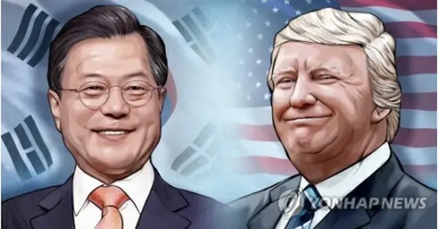 日本を訪問中の文在寅大統領（左）とトランプ大統領が２９日に日本を出発し、韓国に向かう（イラスト）＝（聯合ニュース）