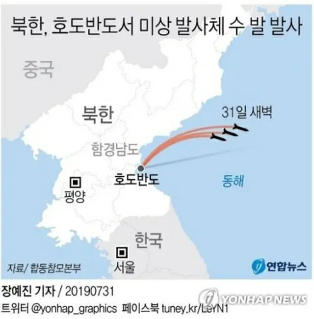 韓国軍当局は31日、北朝鮮が同日未明に東部の虎島半島付近から未詳の飛翔体を数発発射したと発表した＝（聯合ニュース）