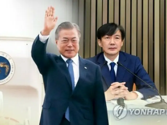 文大統領（手前）とチョ氏（コラージュ）＝（聯合ニュースTV）