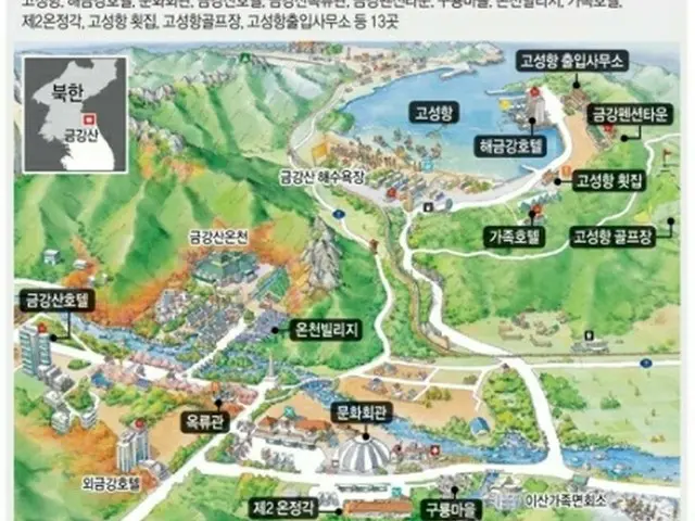 金剛山には港や宿泊施設、飲食店など韓国側の施設（黒地に白字で表示）が13か所ある=（聯合ニュース）