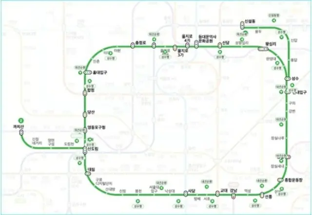 ソウル地下鉄２号線の路線図。左下が新亭支線（ソウル交通公社ホームページより）＝（聯合ニュース）