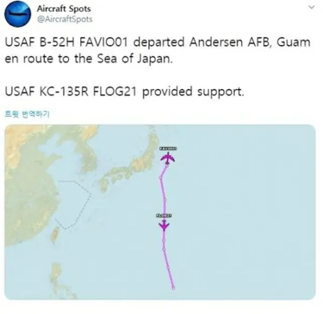 Ｂ５２Ｈの飛行ルート（エアクラフト・スポットのツイッターより）＝（聯合ニュース）≪転載・転用禁止≫