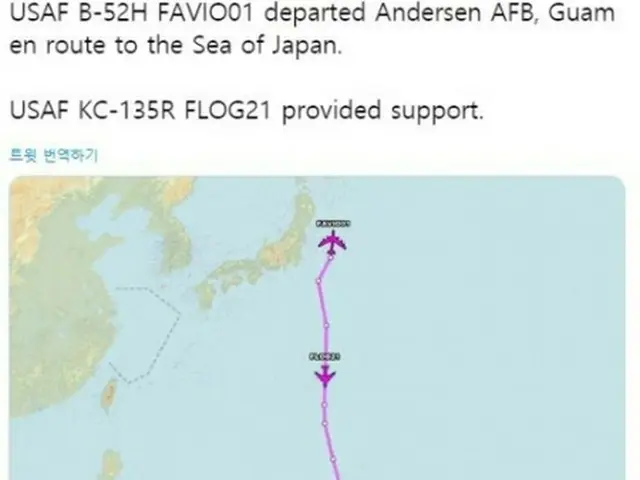 Ｂ５２Ｈの飛行ルート（エアクラフト・スポットのツイッターより）＝（聯合ニュース）≪転載・転用禁止≫