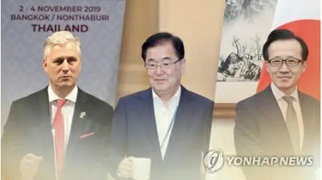 左からオブライエン氏、鄭氏、北村氏＝（聯合ニュースTV）