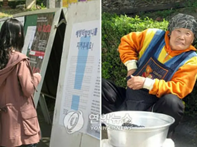 のり巻きを売るアンさん（右）と、校内に貼られた学校を批判するソウル大生の文章＝3日、ソウル（聯合）