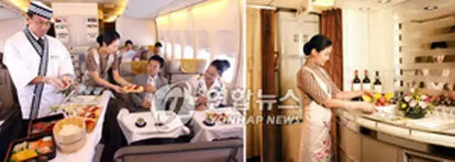 アシアナ航空の機内サービスのようす＝（聯合）